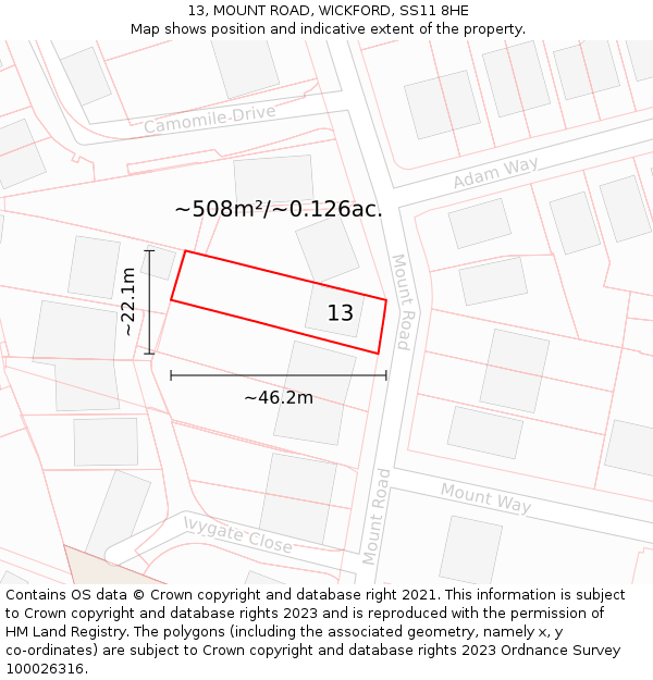 13, MOUNT ROAD, WICKFORD, SS11 8HE: Plot and title map