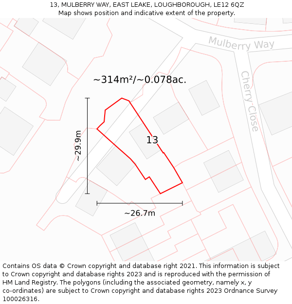 13, MULBERRY WAY, EAST LEAKE, LOUGHBOROUGH, LE12 6QZ: Plot and title map
