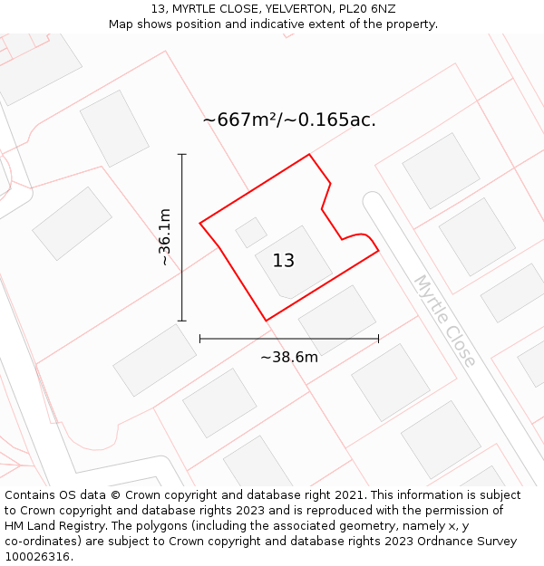 13, MYRTLE CLOSE, YELVERTON, PL20 6NZ: Plot and title map