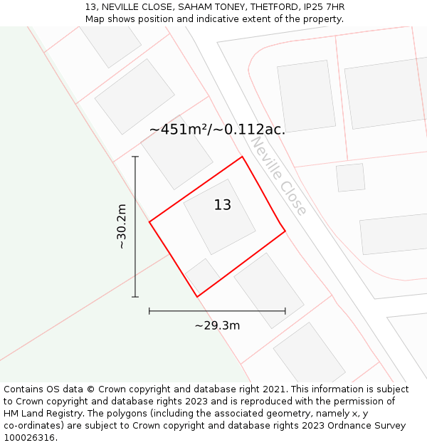 13, NEVILLE CLOSE, SAHAM TONEY, THETFORD, IP25 7HR: Plot and title map