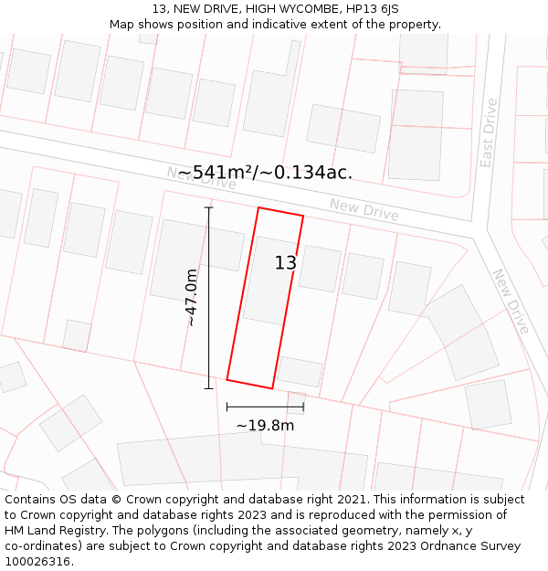 13, NEW DRIVE, HIGH WYCOMBE, HP13 6JS: Plot and title map