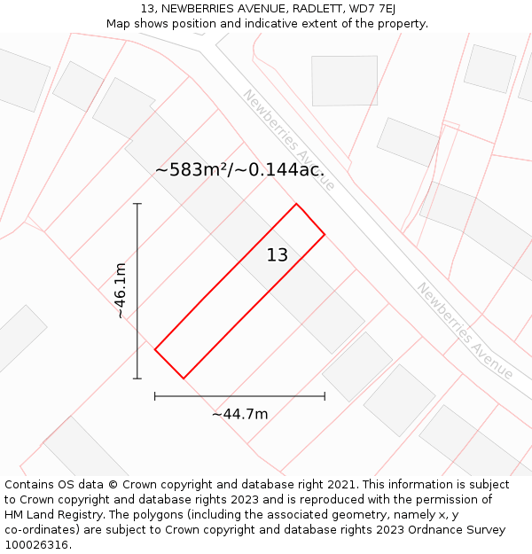 13, NEWBERRIES AVENUE, RADLETT, WD7 7EJ: Plot and title map