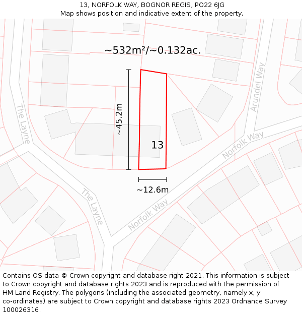 13, NORFOLK WAY, BOGNOR REGIS, PO22 6JG: Plot and title map