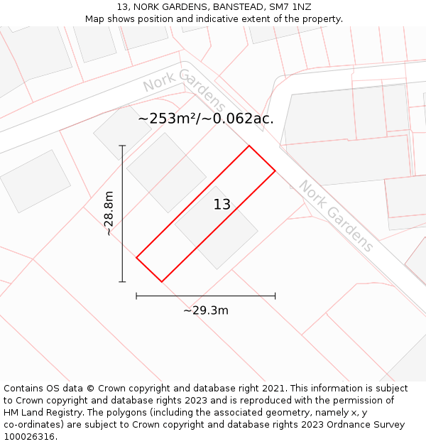 13, NORK GARDENS, BANSTEAD, SM7 1NZ: Plot and title map