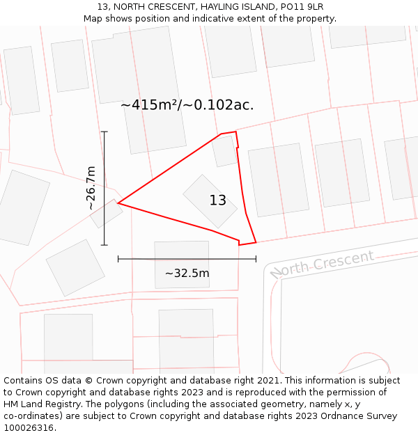 13, NORTH CRESCENT, HAYLING ISLAND, PO11 9LR: Plot and title map