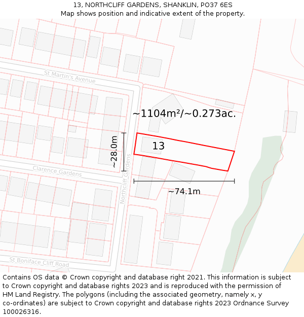 13, NORTHCLIFF GARDENS, SHANKLIN, PO37 6ES: Plot and title map