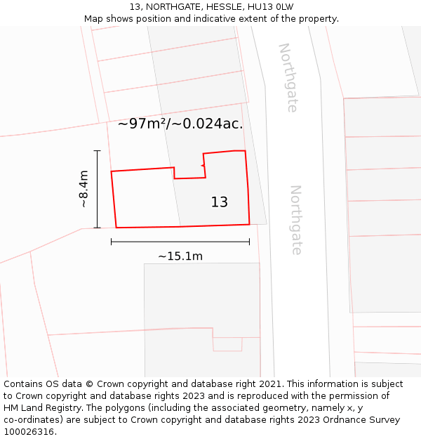 13, NORTHGATE, HESSLE, HU13 0LW: Plot and title map