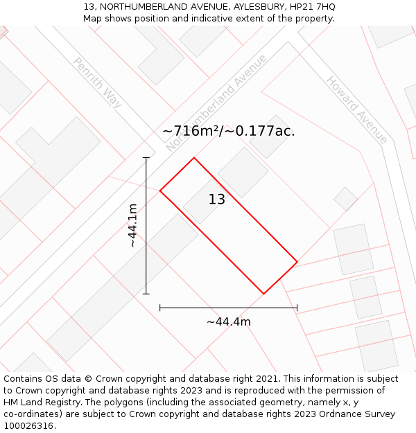 13, NORTHUMBERLAND AVENUE, AYLESBURY, HP21 7HQ: Plot and title map