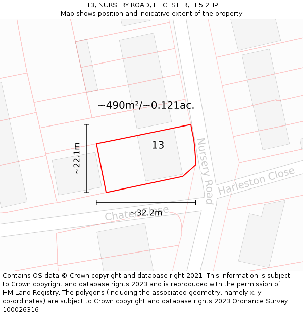 13, NURSERY ROAD, LEICESTER, LE5 2HP: Plot and title map