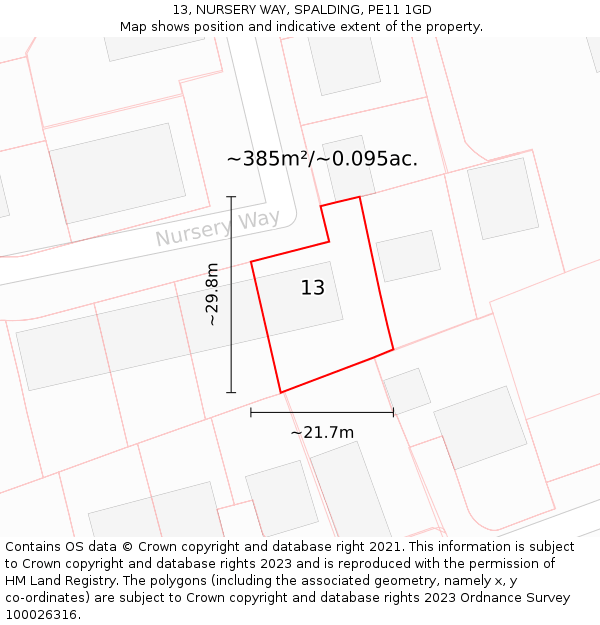 13, NURSERY WAY, SPALDING, PE11 1GD: Plot and title map