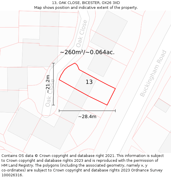 13, OAK CLOSE, BICESTER, OX26 3XD: Plot and title map
