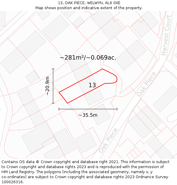 13, OAK PIECE, WELWYN, AL6 0XE: Plot and title map