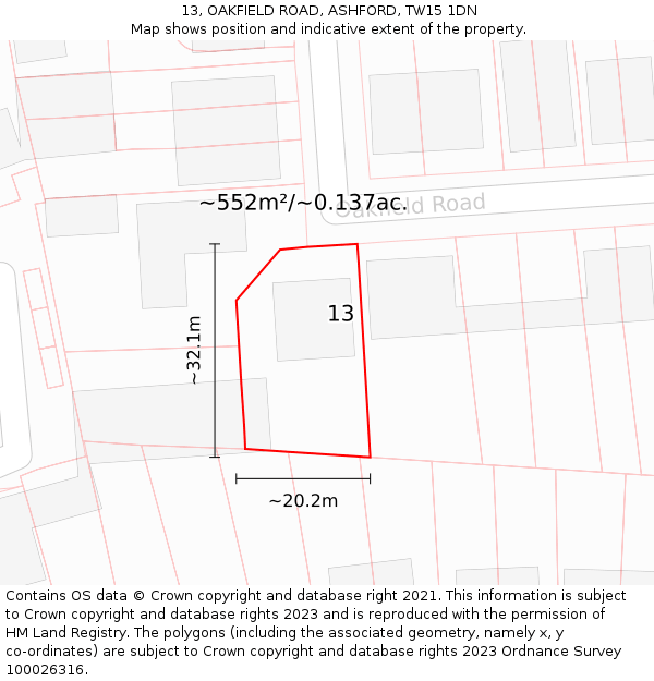 13, OAKFIELD ROAD, ASHFORD, TW15 1DN: Plot and title map