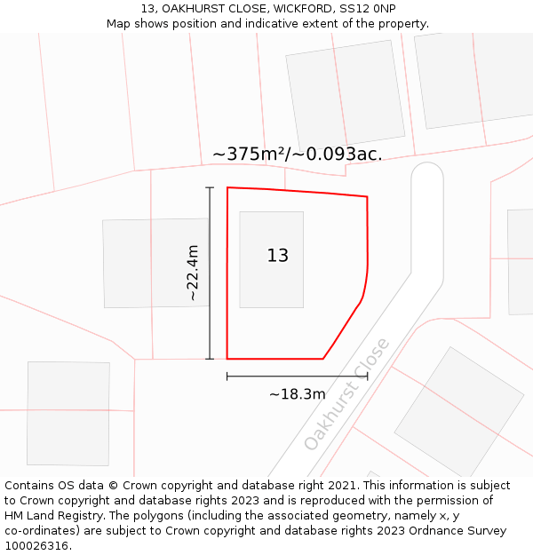 13, OAKHURST CLOSE, WICKFORD, SS12 0NP: Plot and title map