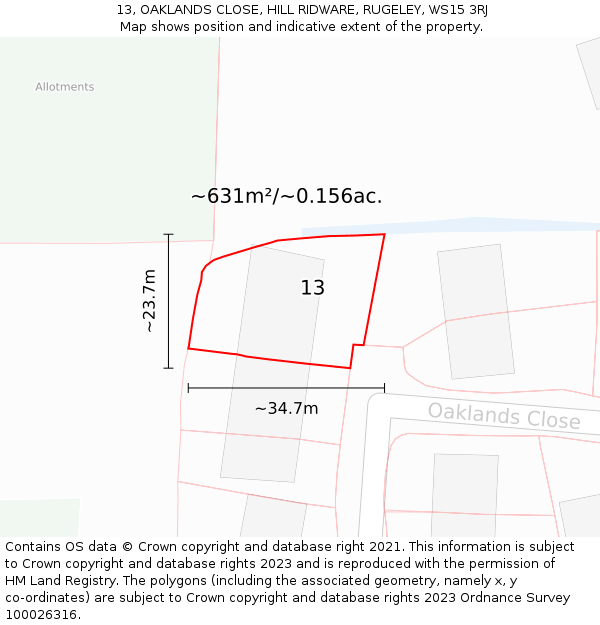 13, OAKLANDS CLOSE, HILL RIDWARE, RUGELEY, WS15 3RJ: Plot and title map