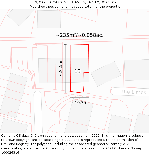 13, OAKLEA GARDENS, BRAMLEY, TADLEY, RG26 5QY: Plot and title map