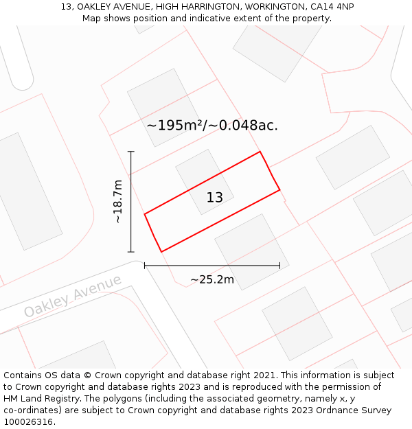 13, OAKLEY AVENUE, HIGH HARRINGTON, WORKINGTON, CA14 4NP: Plot and title map