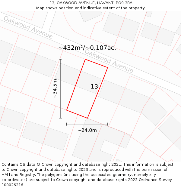 13, OAKWOOD AVENUE, HAVANT, PO9 3RA: Plot and title map