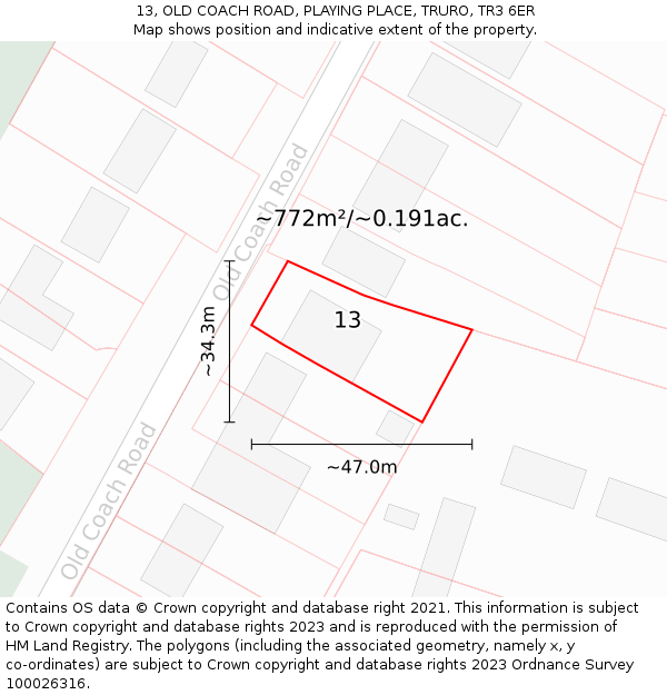 13, OLD COACH ROAD, PLAYING PLACE, TRURO, TR3 6ER: Plot and title map