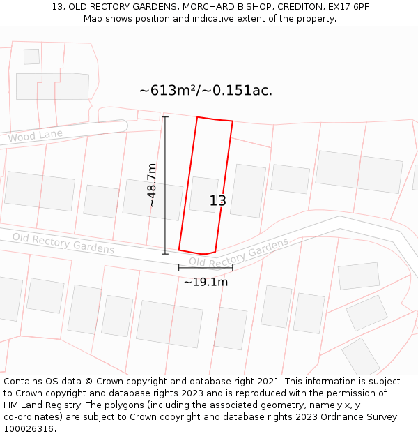 13, OLD RECTORY GARDENS, MORCHARD BISHOP, CREDITON, EX17 6PF: Plot and title map