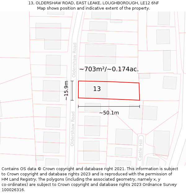 13, OLDERSHAW ROAD, EAST LEAKE, LOUGHBOROUGH, LE12 6NF: Plot and title map