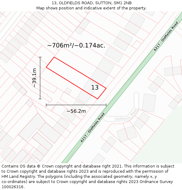 13, OLDFIELDS ROAD, SUTTON, SM1 2NB: Plot and title map