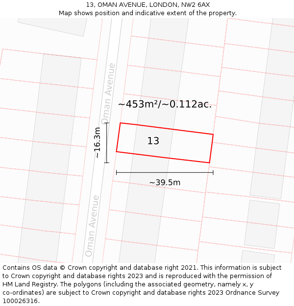 13, OMAN AVENUE, LONDON, NW2 6AX: Plot and title map