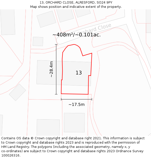 13, ORCHARD CLOSE, ALRESFORD, SO24 9PY: Plot and title map