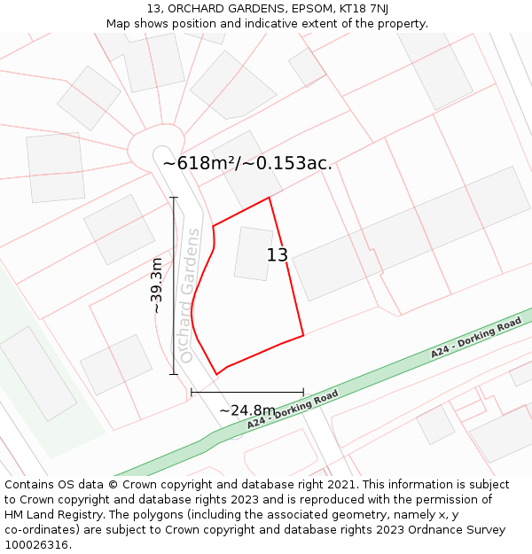 13, ORCHARD GARDENS, EPSOM, KT18 7NJ: Plot and title map