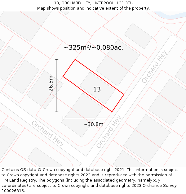 13, ORCHARD HEY, LIVERPOOL, L31 3EU: Plot and title map