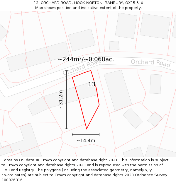 13, ORCHARD ROAD, HOOK NORTON, BANBURY, OX15 5LX: Plot and title map