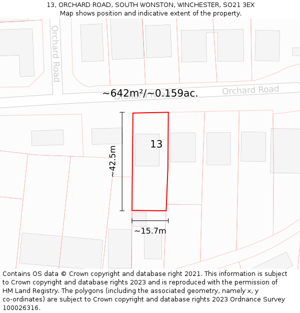 13, ORCHARD ROAD, SOUTH WONSTON, WINCHESTER, SO21 3EX: Plot and title map