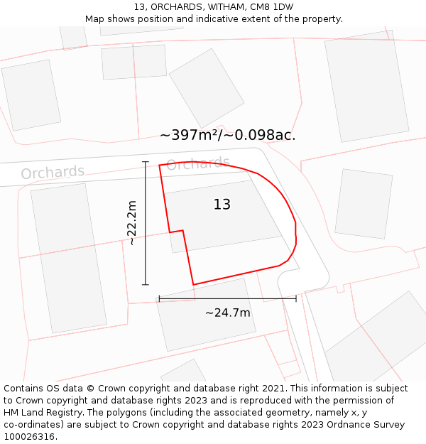 13, ORCHARDS, WITHAM, CM8 1DW: Plot and title map