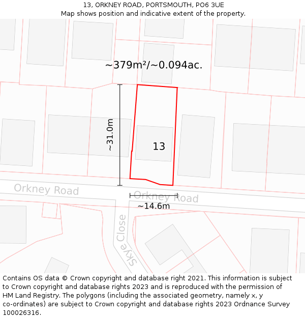 13, ORKNEY ROAD, PORTSMOUTH, PO6 3UE: Plot and title map