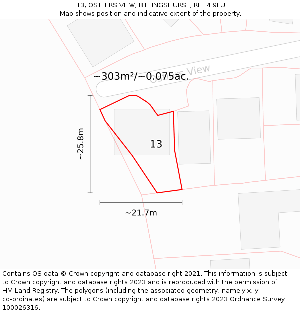 13, OSTLERS VIEW, BILLINGSHURST, RH14 9LU: Plot and title map