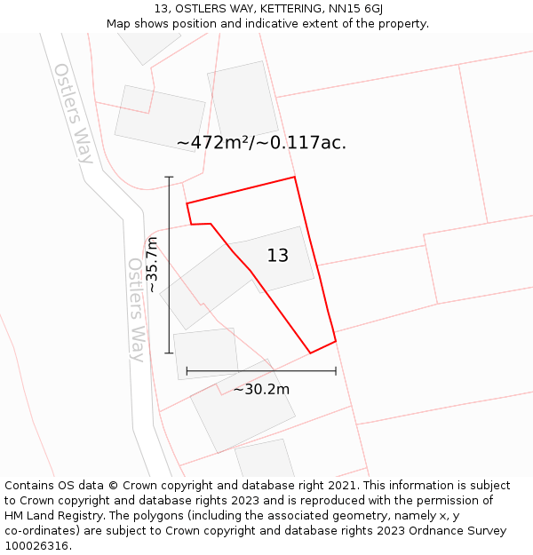 13, OSTLERS WAY, KETTERING, NN15 6GJ: Plot and title map
