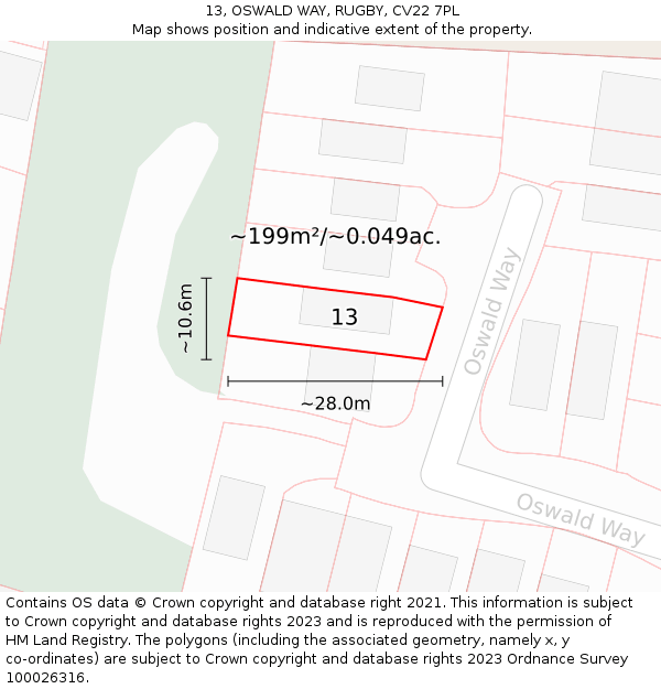 13, OSWALD WAY, RUGBY, CV22 7PL: Plot and title map