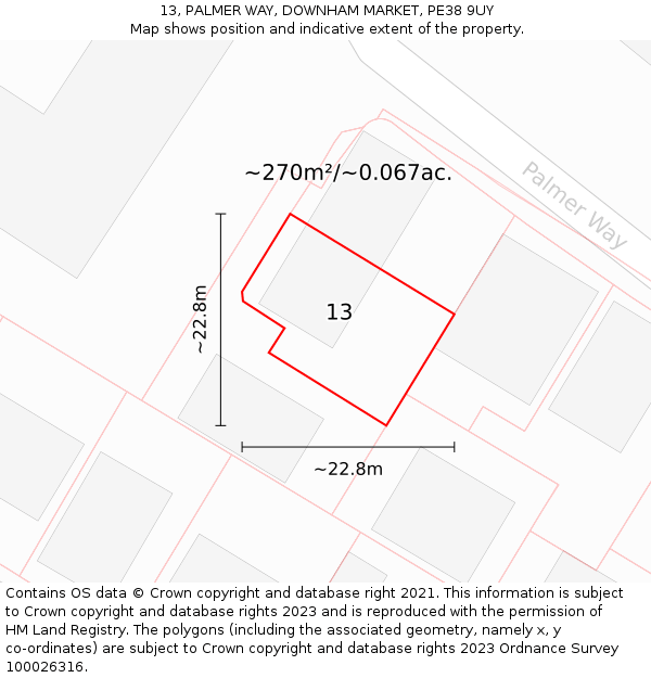 13, PALMER WAY, DOWNHAM MARKET, PE38 9UY: Plot and title map