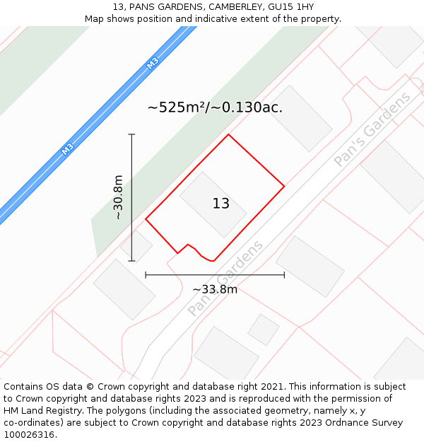 13, PANS GARDENS, CAMBERLEY, GU15 1HY: Plot and title map