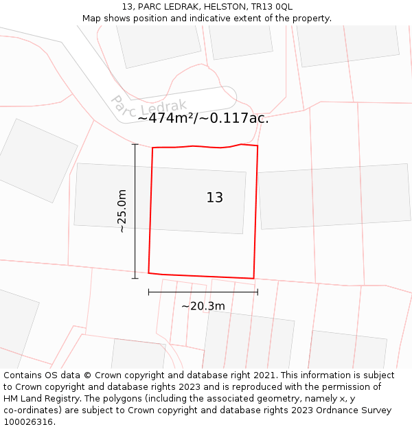 13, PARC LEDRAK, HELSTON, TR13 0QL: Plot and title map