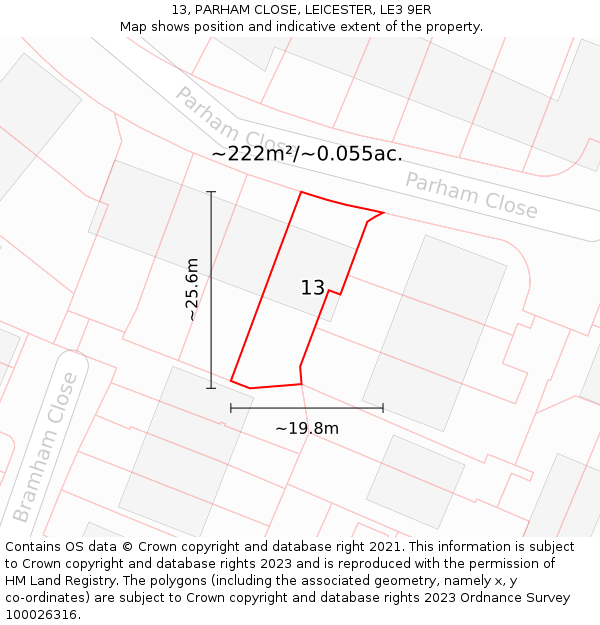 13, PARHAM CLOSE, LEICESTER, LE3 9ER: Plot and title map