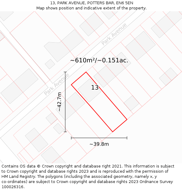 13, PARK AVENUE, POTTERS BAR, EN6 5EN: Plot and title map