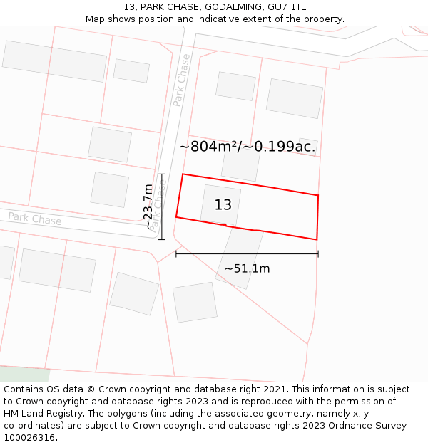 13, PARK CHASE, GODALMING, GU7 1TL: Plot and title map