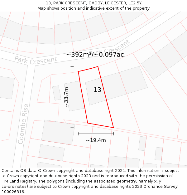 13, PARK CRESCENT, OADBY, LEICESTER, LE2 5YJ: Plot and title map