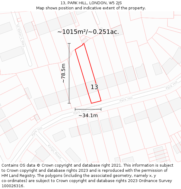 13, PARK HILL, LONDON, W5 2JS: Plot and title map