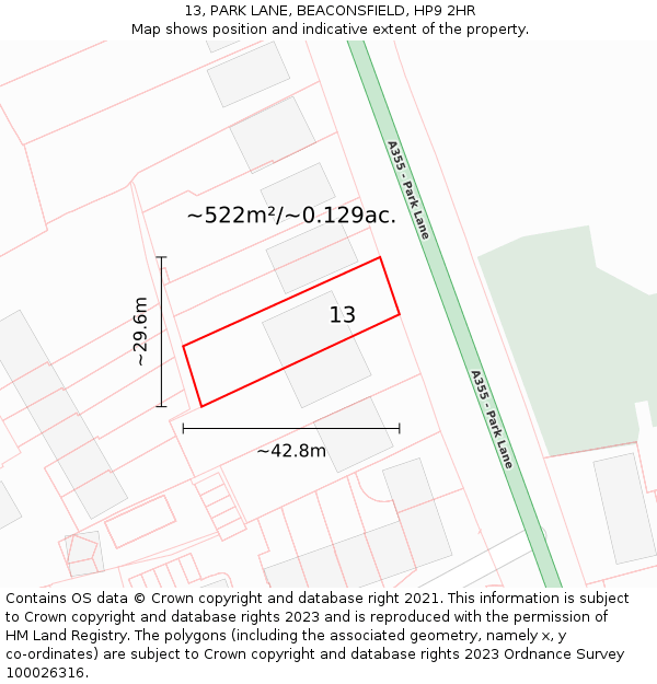 13, PARK LANE, BEACONSFIELD, HP9 2HR: Plot and title map