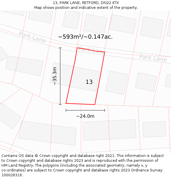 13, PARK LANE, RETFORD, DN22 6TX: Plot and title map