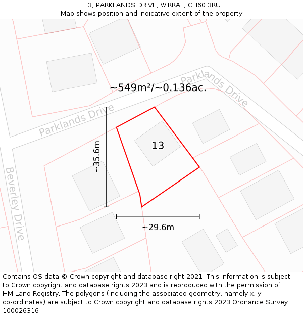 13, PARKLANDS DRIVE, WIRRAL, CH60 3RU: Plot and title map