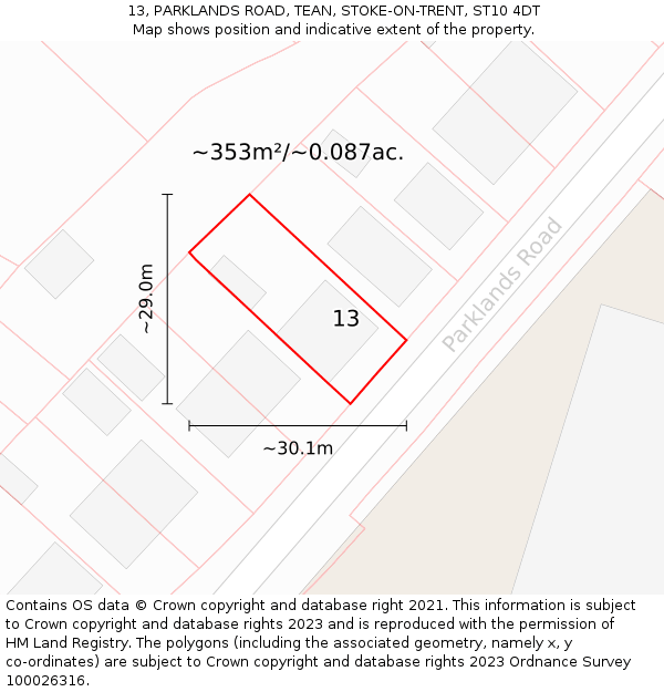 13, PARKLANDS ROAD, TEAN, STOKE-ON-TRENT, ST10 4DT: Plot and title map