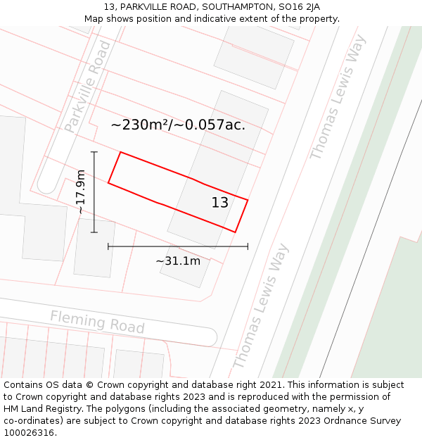 13, PARKVILLE ROAD, SOUTHAMPTON, SO16 2JA: Plot and title map